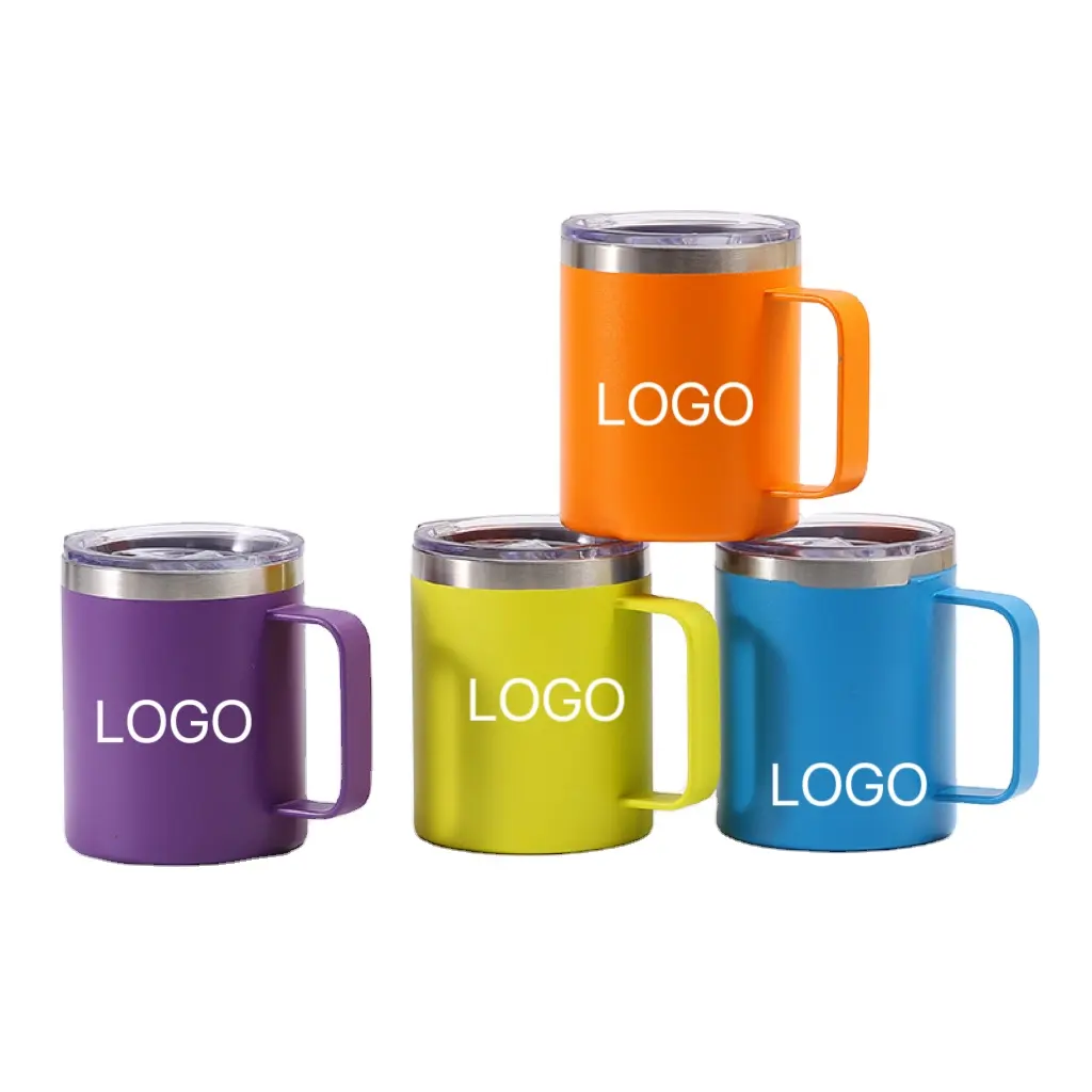 10oz Coffee Logo Printed Stainless Steel Cup with handle Double Wall Tumbler Travel Mug with Lid and Handle