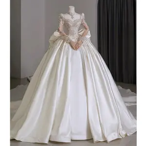 Luxury Sweetheart Bridal Wedding Dresses French Princess Satin Long Sleeve Beaded Ball Gown With Big Bow