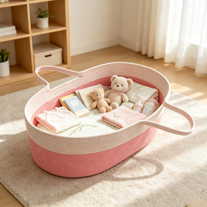 Cesta Ovalada de Cuerda de Algodón para Bebé con Asa Integrada, Nido de Descanso para Recién Nacidos con Almohadilla de Bambú Resistente al Agua para Guardar Pañales y Juguetes - Product Image 2