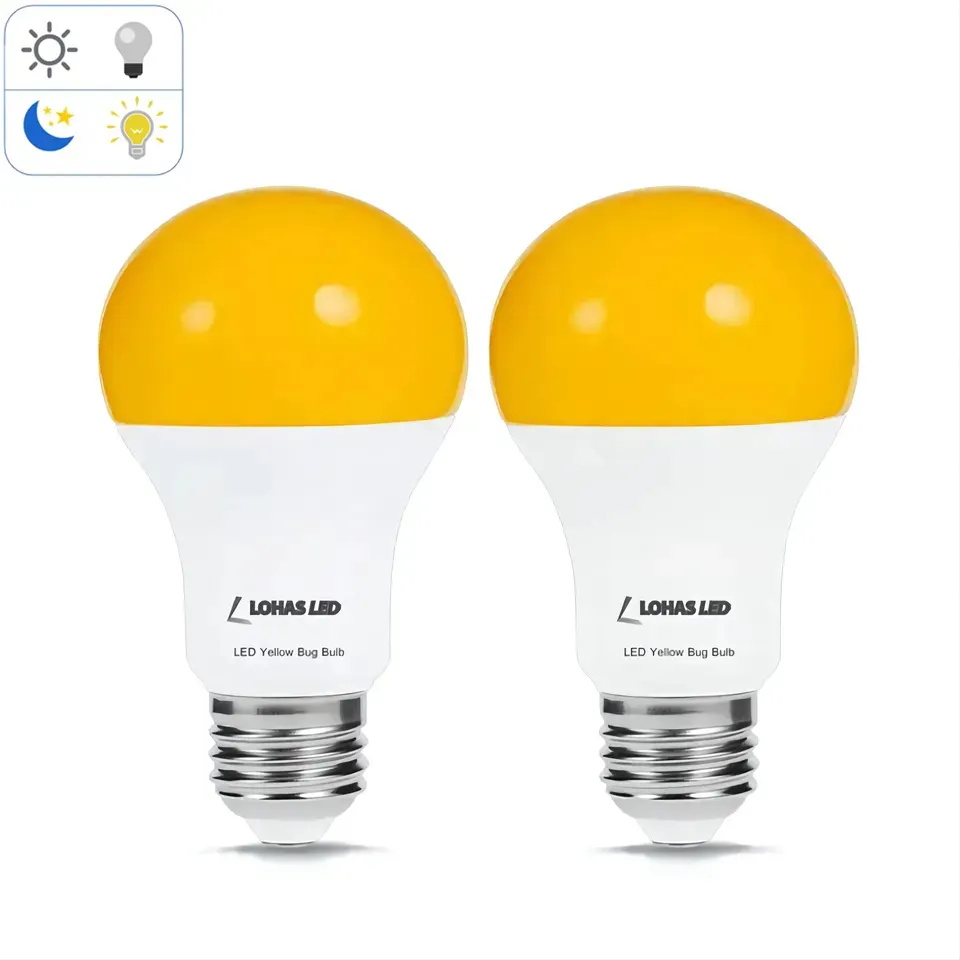 LOHAS A19 6W LED 2000K Bug Light Bulb Amber Color Dusk to Dawn Sensor Yellow Color Light Bulbs for Home Lighting