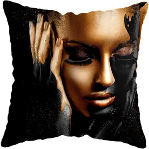 L Modern Living Room Black Gold African Lady Pillow Cover Woman Style Art Decor Pillowcase Fashion Home Decor Soft Cushion Cover