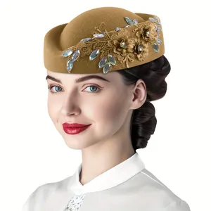 Cappelli da Hostess Vintage Eleganti con <span class=keywords><strong>Diamanti</strong></span> per Donne con Velo da Chiesa e Feltro Morbido Floreale - Product Image 5