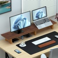 Estante de escritorio de madera de bambú JQ, elevador de soporte de monitor doble grande con patas de corcho ecológico para impresoras de ordenador portátil, TV y PC