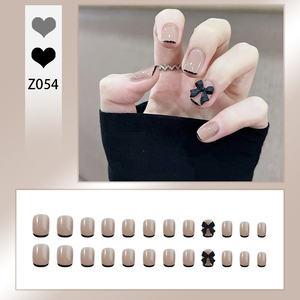 Lot de faux ongles à presser French Tip Nude Beige Courts Carrés en ABS avec nœud noir 3D – Fournitures d'art des ongles - Product Image 4