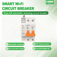 Disjoncteur intelligent WiFi LVMA RCBO 2P C63 30mA Protection contre les fuites 6kA 220V Tuya Montage sur rail Télécommande Cuivre PA66