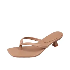 Trending women summer beach walking square toe flip flop sandals in stilettos