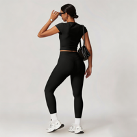 Ensemble de yoga léger GH Factory Price : haut court dos nu et leggings de sport taille haute pour femme, en tissu brossé uni, idéal pour le fitness