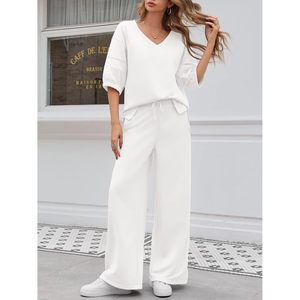 Ensemble 2 pièces pour femmes Fisoew, haut à col en V, pantalon large, ensemble décontracté pour l'entraînement, respirant, tricoté, toutes saisons - Product Image 2