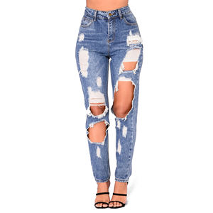 Pantalones de mezclilla rectos informales de cintura alta grises ajustados rasgados pantalones Streetwear agujero tobillo Boyfriend Jeans - Product Image 1