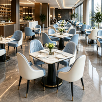 Ensemble de table à manger matelassée bleu et blanc, fauteuil rembourré, plateau de table en marbre, pieds en métal doré, personnalisable pour restaurant, OEM commercial