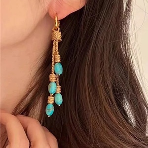 Boucles d'oreilles créoles à pampilles turquoise, laiton écologique plaqué or 18 carats, style bohème, longues chaînes, bijoux tendance pour femme, usage quotidien, décontracté, soirée - Product Image 4