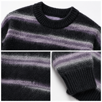 Pull en maille tricotée à rayures horizontales dégradées rétro pour homme, col rond, épaules tombantes, manches longues, effet duveteux, vente en gros