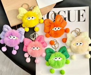 Cute Rex Rabbit Ball-Shaped Plush Light Keychain with Bowknot Design Durable Embossed Gift for Kids & Adults