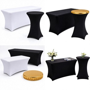 Housse de table rectangulaire et haute en spandex noir avec surpièce dorée pour banquet d'hôtel - Product Image 1