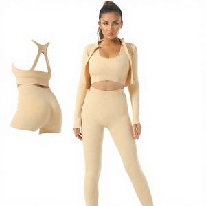 Fitness Yoga Wear Solid Custom Logo Breathable Nylon/Spandex 2-Piece Scrunch Butt Lift <b>Leggings</b> Ribbed Bra <b>Crop</b> Top Women Shorts - Product Image 2