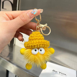 QYS Cute Imitation Mink Fur Small Briquettes Car Keychain Doll With Woolen Yarn Hat Plush Keyring - Product Image 6