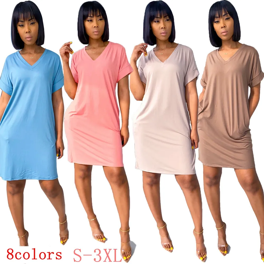 2022 V-neck pocket solid color short-sleeved dress 8 colors casual loose T-shirt dresses for women fashion street wear in summer