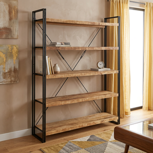 Industrial Furniture <b>Solid</b> <b>Wooden</b> Shelves Large Open <b>Bookcase</b> Living Room Bookshelf Natural Finish - Product Image 3
