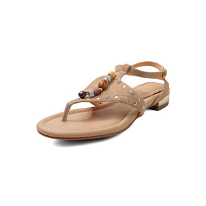 Sandales à lanières en peau de mouton avec perles ethniques et rivets pour femme, bout rond, talon carré bas, style plage, collection 2026 - Product Image 5