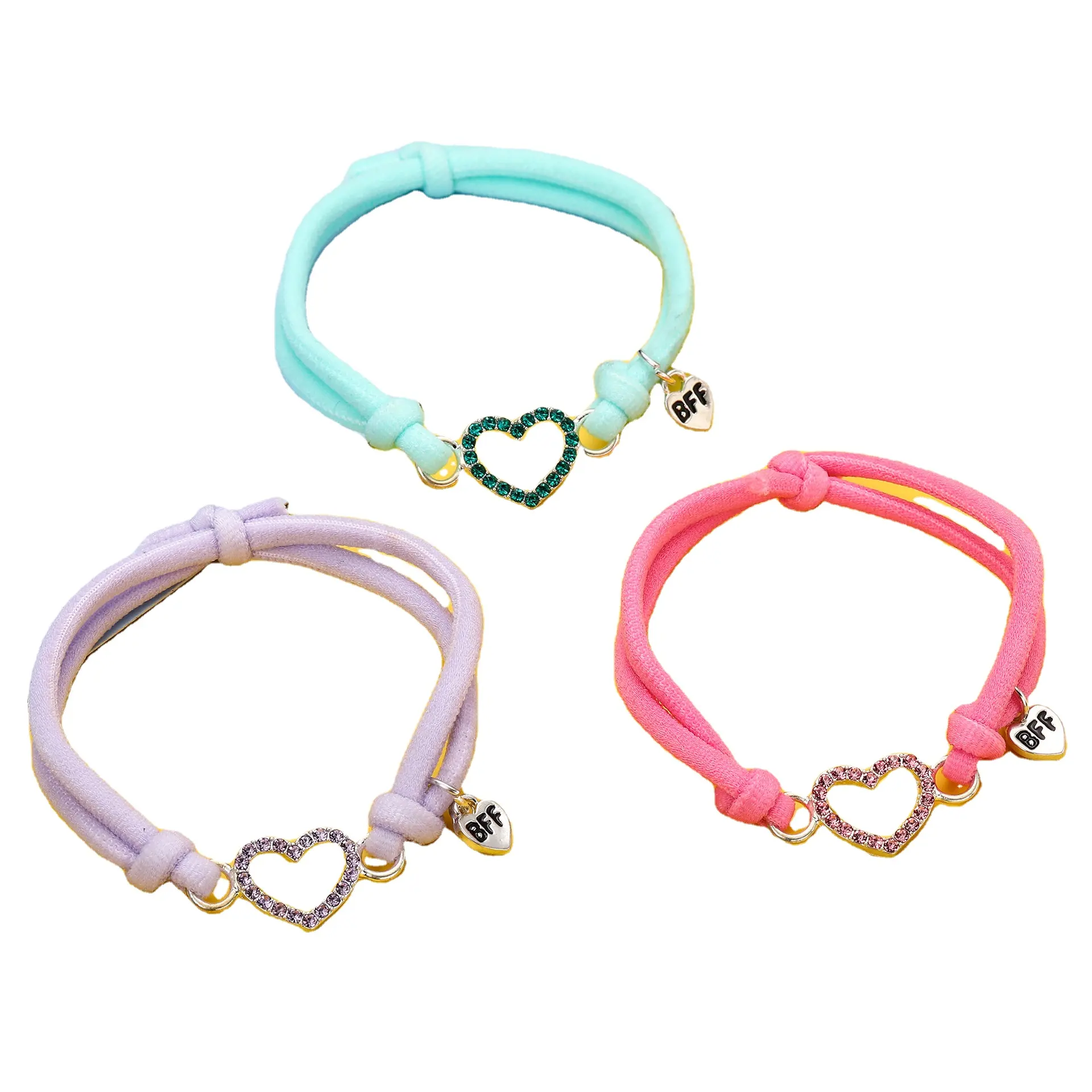 Nuovo prodotto braccialetti elastici regolabili braccialetto a cuore con strass per bambini bracciale in tessuto fatto a mano a 3 colori per ragazze