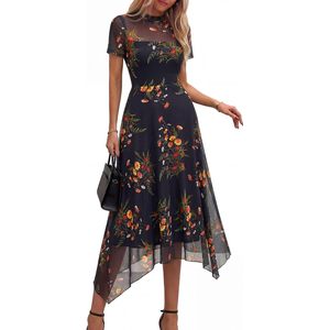 Robe de cocktail FOXA pour femme, été, manches courtes, maille florale transparente, mi-longue, coupe trapèze, col montant, en mousseline, élégante pour soirée et mariage - Product Image 5