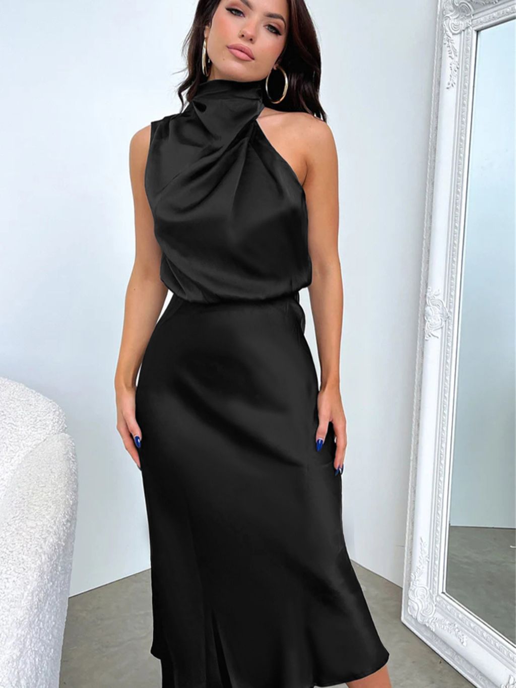 knee length dresses for ladies Celebrate Love Halter V-Neck Bodycon Satin Midi Dress