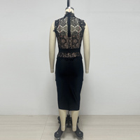 Robe Midi Élégante Noire en Dentelle Transparente à Col Montant et Sans Manches pour Soirées et Dîners, Vente en Gros OEM