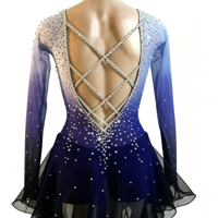Robe de patinage artistique bleu-noir dégradé, manches longues en maille, dos ouvert croisé, jupe à strass pour adultes et enfants