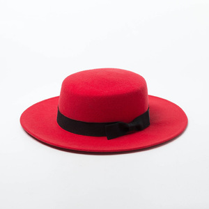 Fedora Moda Unisex <span class=keywords><strong>Homburg</strong></span> Flat Top Hat Invierno Nueva llegada Sombrero plano de fieltro de lana con lazos para adultos Mujeres Fedora - Product Image 1