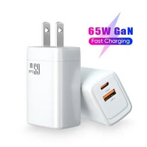 Pengisi daya dinding PD 65W, adaptor perjalanan Laptop Port ganda tipe C, pengisian daya Cepat Universal USB + Tipe C GaN