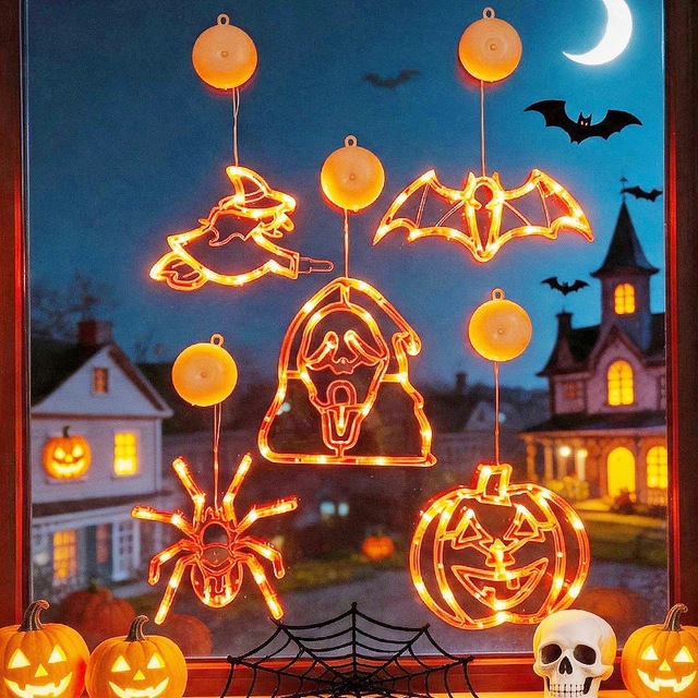 Cross-border Halloween Suction Cup LED Pumpkin Witch Bat Spider Ghost Festival Decorative String Light Colorful Flashing Lights