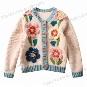 लोकप्रिय लड़कियों कस्टम डिजाइन बुनना कस्टम कार्डिगन बुना हुआ कपड़ा स्वेटर के साथ फूल पैटर्न अलंकृत