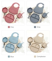 Ensemble d'alimentation pour bébé en silicone sans BPA, motif animal style chat, assiette à ventouse, bol, cuillère, fourchette, bavoir, non toxique, 2-4+ ans, enfants