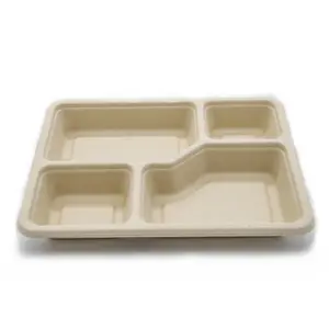 OEM High Quality Compostable bamboo Pulp Takeaway Food Tray 4 Compartment Disposable Lunch Tray With Lid