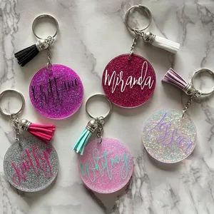 Porte-clés monogramme à paillettes personnalisé, porte-clés en acrylique, personnalisés, en plastique avec pompon
