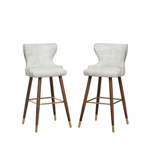 Nevis Off <b>White</b> <b>Bar</b> <b>Stools</b> Set Of 2 Mid Century Modern Tufted Faux Leather <b>Wood</b> Base - Product Image 1