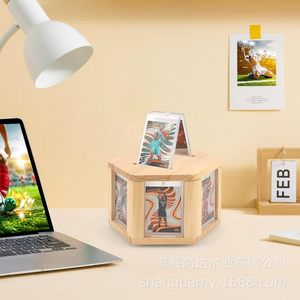 Wooden card display stand, rotatable <b>desktop</b> display rack, sports card storage rack, wooden card collection rack - Product Image 2