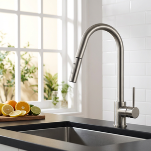 Robinet de <span class=keywords><strong>cuisine</strong></span> moderne et contemporain en céramique et laiton, finition nickel brossé, eau froide et chaude, rotation à 360 degrés, <span class=keywords><strong>mitigeur</strong></span> extractible - Product Image 1