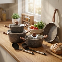 Ensemble de batterie de cuisine en aluminium antiadhésif effet granit, compatible induction, avec couvercles en verre et accessoires en nylon, vente en gros, fourniture OEM usine