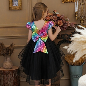 Estilo europeo manga corta lentejuelas princesa vestidos de niña grande dulce niñas gran arco vestidos de cumpleaños gracia niña vestido de novia - Product Image 1