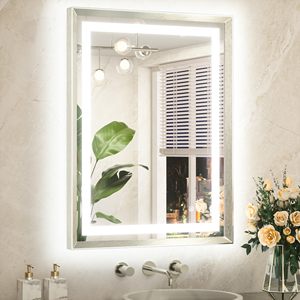 Miroir LED moderne avec une étagère en verre au fond, offre un espace pratique pour contenir des articles de toilette et des articles - Product Image 1