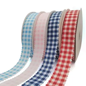 OKAY Wholesale Custom Gingham Polyester Ribbon With Scallop Wave Edge For Gift Packaging Party Decoration