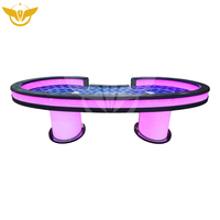 Table de poker Texas personnalisée YH OEM avec piétement cylindrique, tapis bleu, base éclairée par LED blanche, translucide givré, style casino
