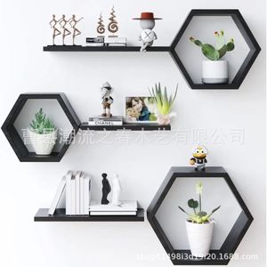 Cross-border wooden wall-mounted hexagonal grid storage <b>rack</b> for home living room background minimalist decorative <b>shelf</b> - Product Image 1