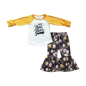 B11-2 baby girls outfit sets Happy New Year printed yellow white lace long sleeved fireworks balloon printed bell bottom pants