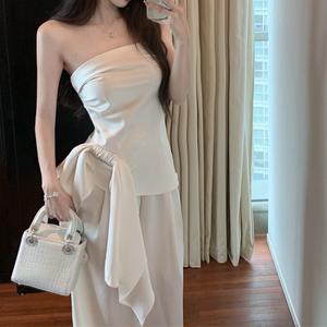 Conjunto de Top Corto sin Tirantes Blanco Vintage y Pantalones Anchos de Gasa para Mujer, Estilo Casual de Verano, Tela de Poliéster - Product Image 2