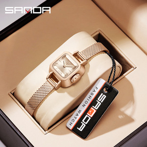 Montre-bracelet à quartz Sanda 1117 pour femme, cadran carré, bracelet en cuir, étanche, en acier inoxydable doré, tendance - Product Image 2