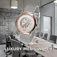 GRACE Luxus Herren Skelett Automatikuhr Zeiger Edelstahl Weißgold/Gelbgold Massives Glas Business Chronograph