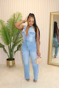 จั๊มสูทผ้ายีนส์ทรงคาร์โก้สำหรับผู้หญิงชุดรอมเปอร์คล้องคอยืดลำลองไม่เหมือนใคร2024ฤดูร้อน - Product Image 6