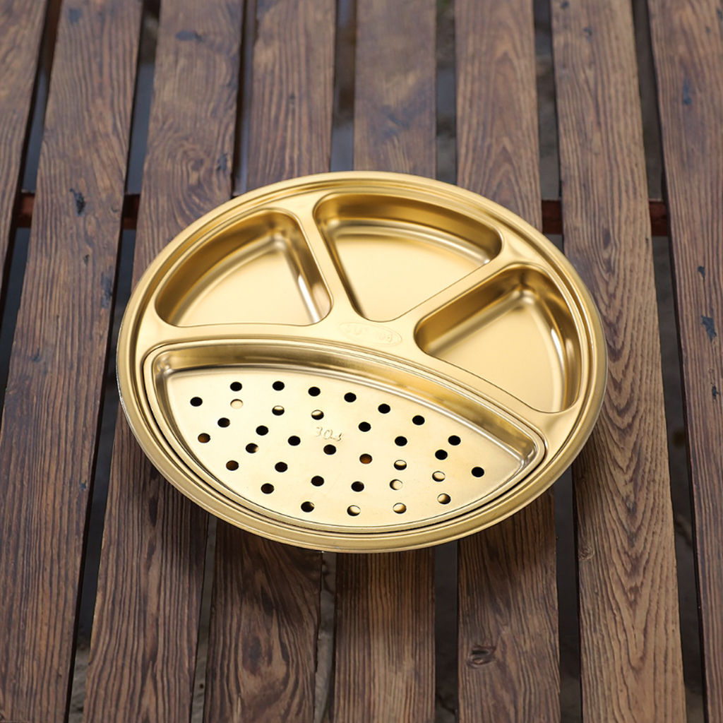 [304 ทอง] จานอาหารค่ำบาร์บีคิวทรงกลมสี่ช่อง